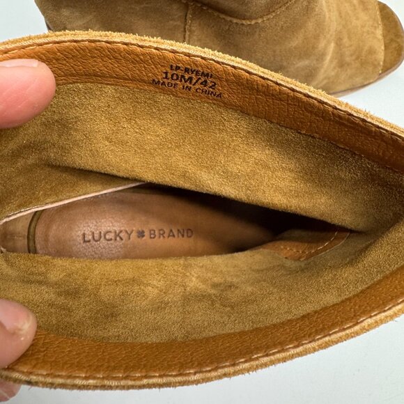 Lucky Brand Ryemi Topanga Tan Suede Leather Peep Toe Ankle booties Women sz 10M - Picture 8 of 10
